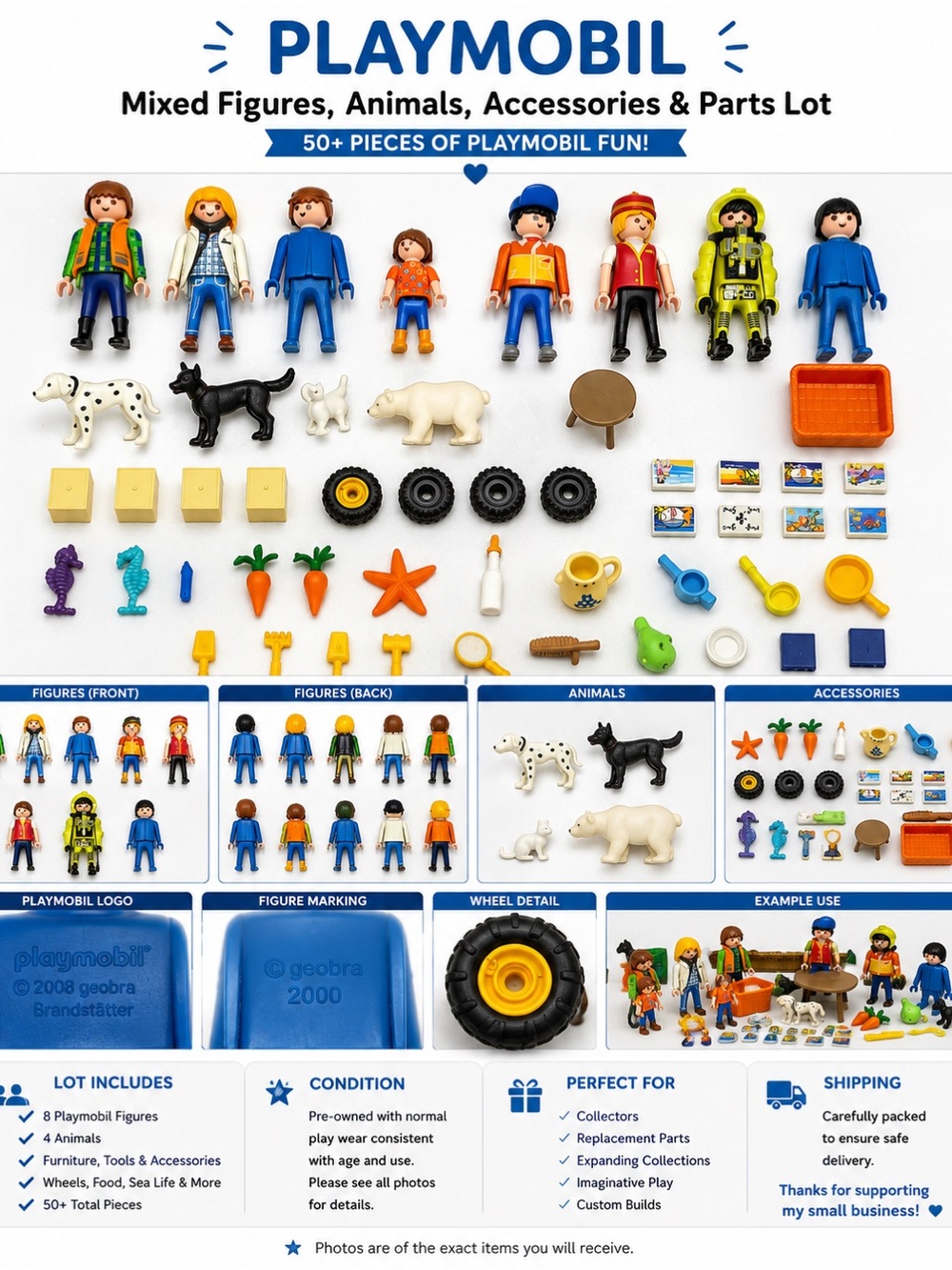 Playmobil Mixed Figures Animals Accessories Parts Lot 50+ Pieces Family Dogs etc